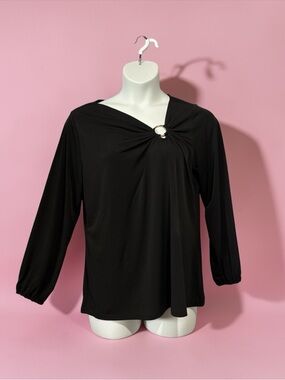 Michael Kors, Plus Size Black Top Ring Detail Draped Blouse 1X Stretch Elegant